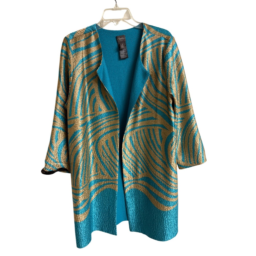 Chicos Travelers Collection Teal Gold Metallic Zebra Crinkle Open Jacket Sz 2 L